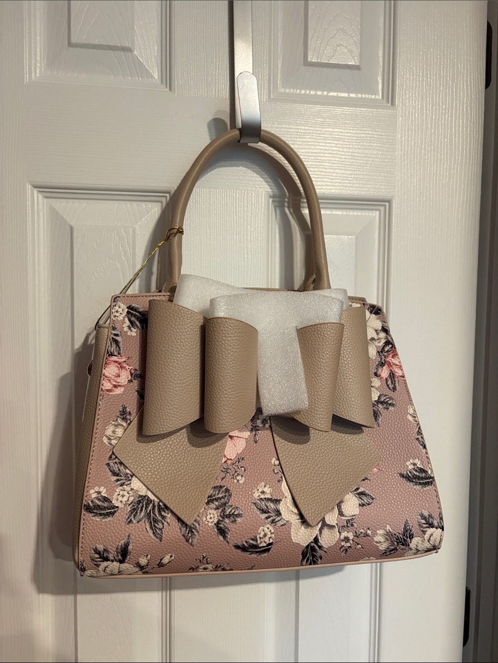 BNWT GROSSI Women’s Floral Bow Satchel Handbag - Taupe Pink